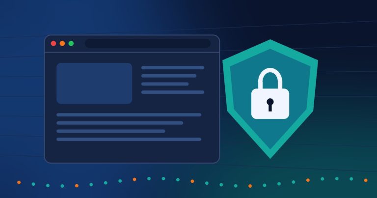 Abstract illustration of a browser window next to a shield with a closed padlock, representing a secure HTTPS website