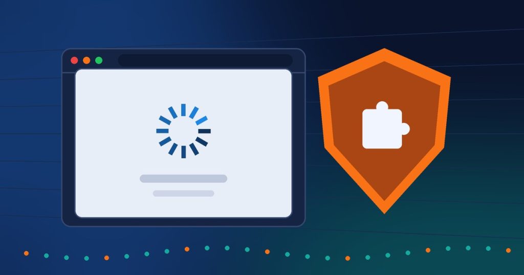 Abstract illustration of a browser window covered by a fake loading verification screen next to an orange warning shield with a plugin icon
