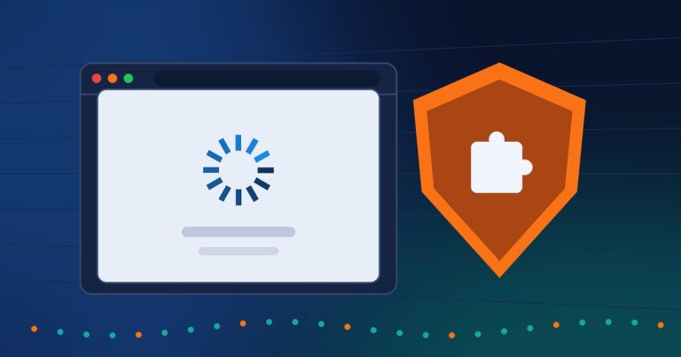 Abstract illustration of a browser window covered by a fake loading verification screen next to an orange warning shield with a plugin icon
