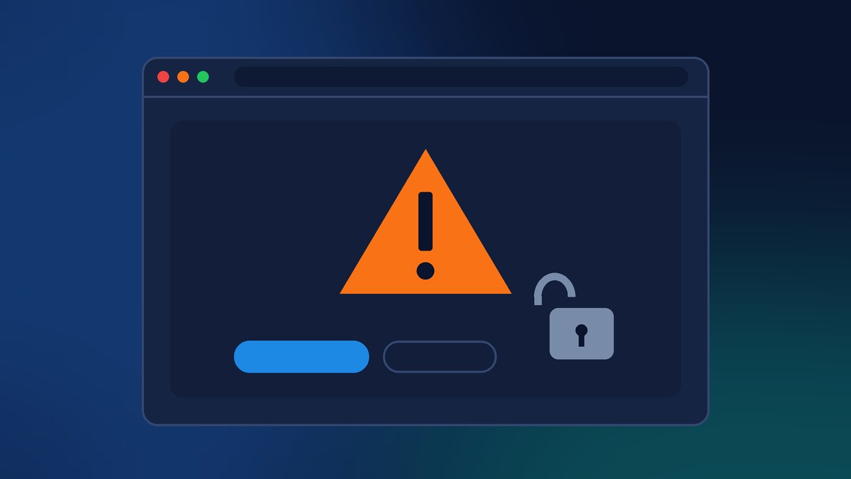 Illustration of a browser window showing a warning symbol and an open padlock before an insecure website loads