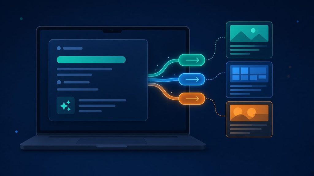 Illustration of an A.I. search answer on a laptop screen with inline links flowing out to small business website pages