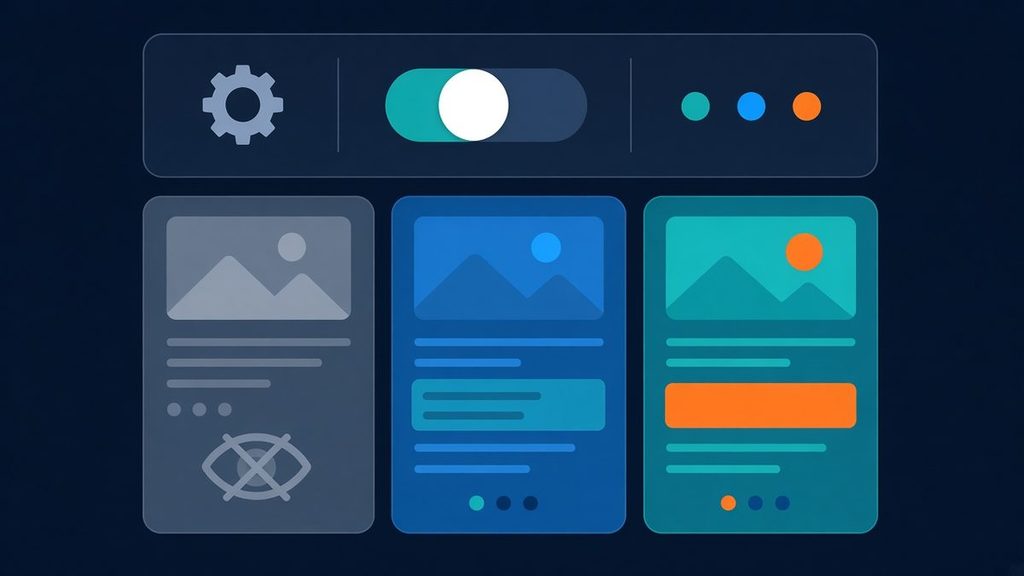 Illustration of a website settings toggle above three web pages: one hidden from search, one with a hidden section, and one fully visible