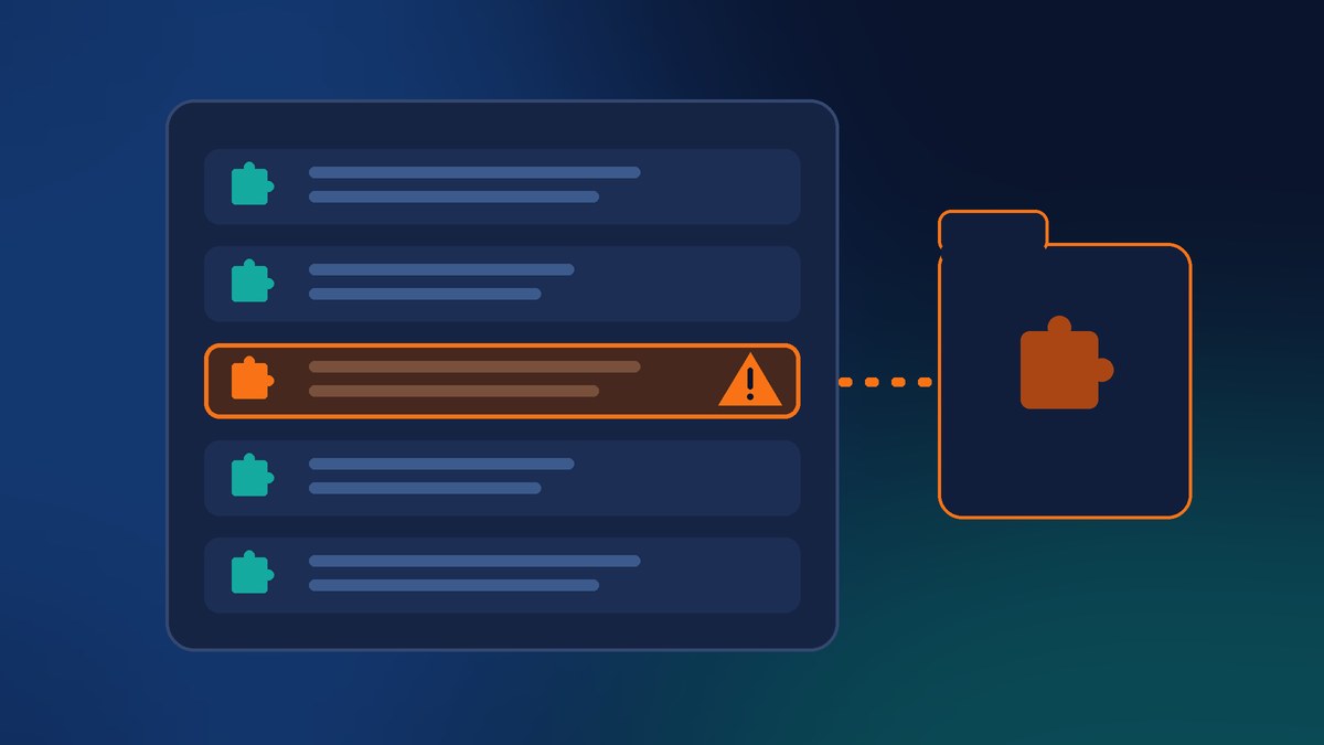 Illustration of a website plugin list where one disguised plugin is flagged with a warning and linked to a hidden copy in a separate folder