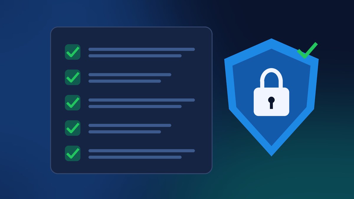 Illustration of a website security checklist with green checkmarks next to a shield and a closed padlock