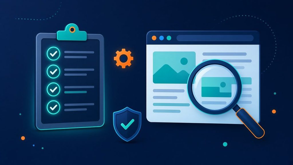 Illustration of a website SEO checklist with checkmarks next to a magnifying glass inspecting a web page
