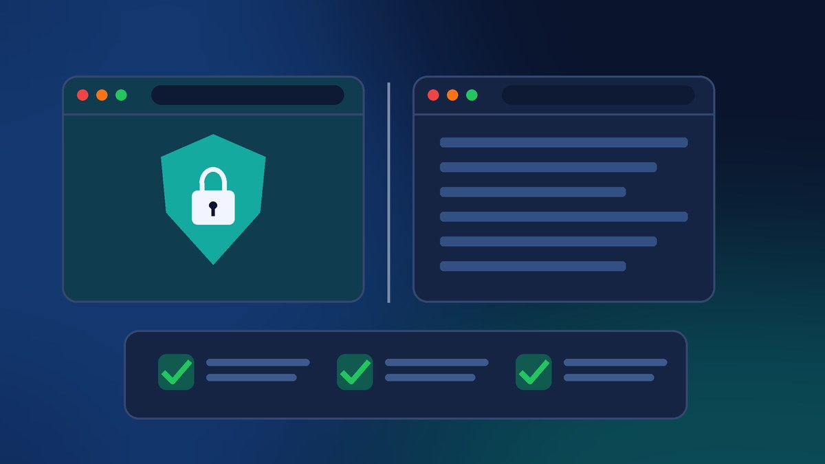 Illustration of two separate browser windows, one locked for website administration and one for everyday browsing, with a security checklist